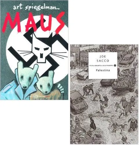 Edizioni italiane di Maus di Art Spiegelman e Palestina di Joe Sacco, due classici del graphic novelism e graphic journalism